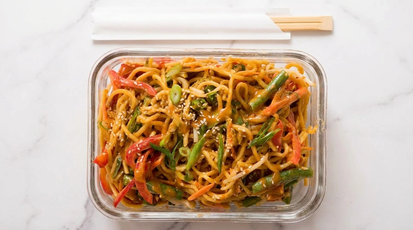 Nudelsallad med sesam- och jordnötsdressing